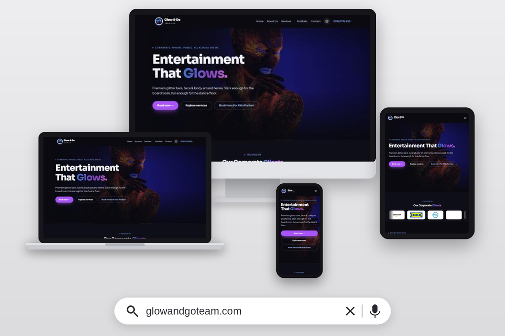 Glow and Go Team website on desktop, laptop, tablet and mobile